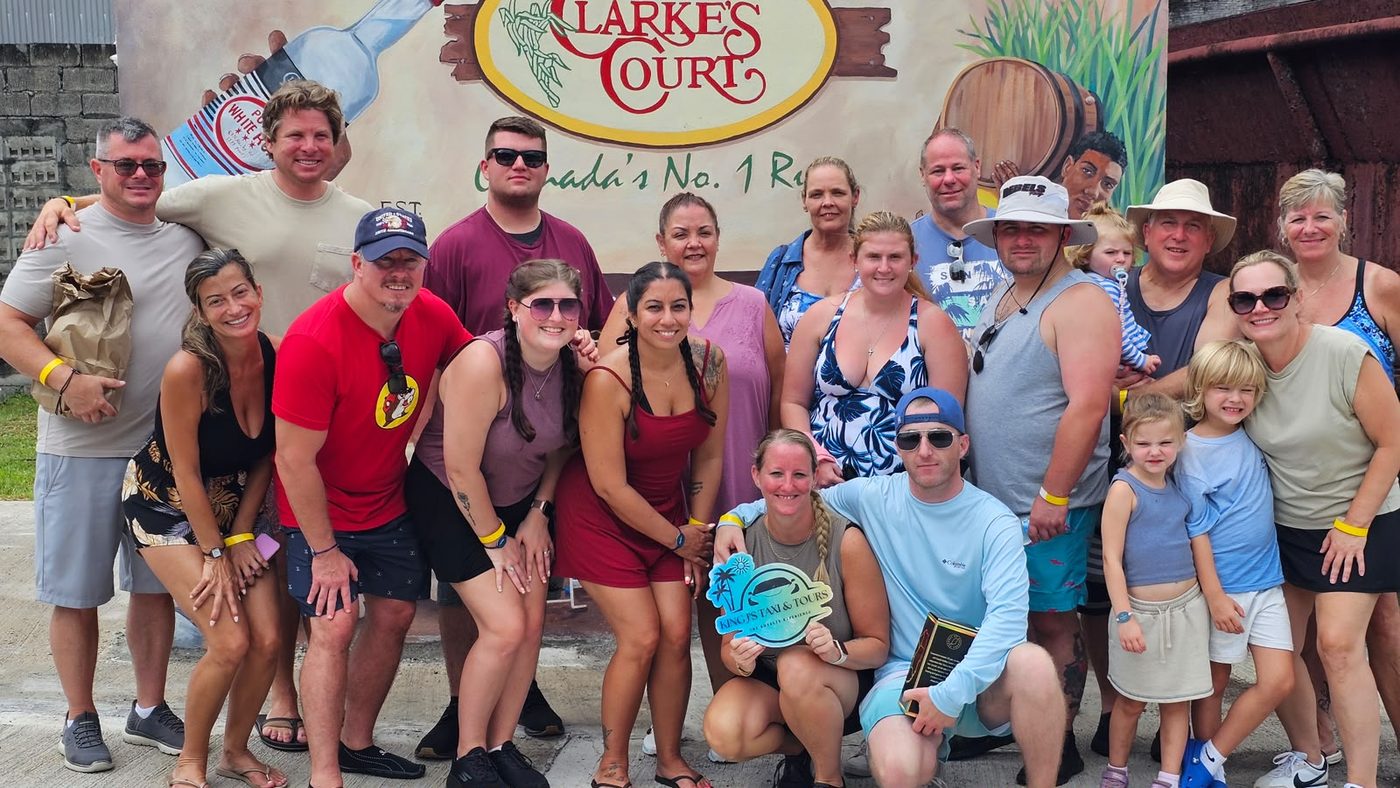 A King J’s tour group at the Clarke’s Court rum distillery mural